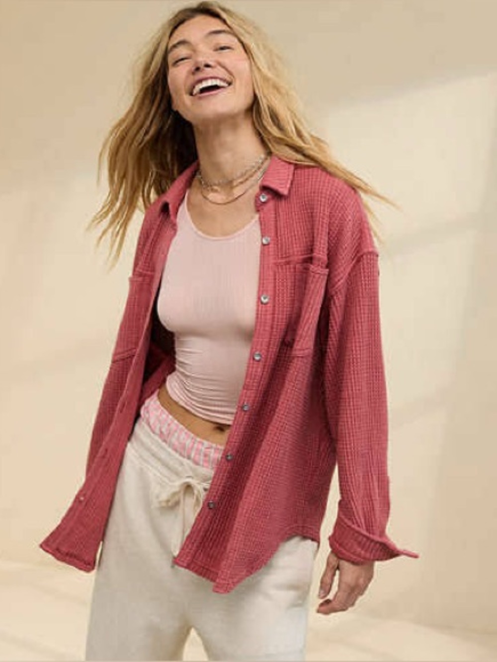 aerie lumber Jane thermal dusty Rose Pink Button-Down Waffle Shirt